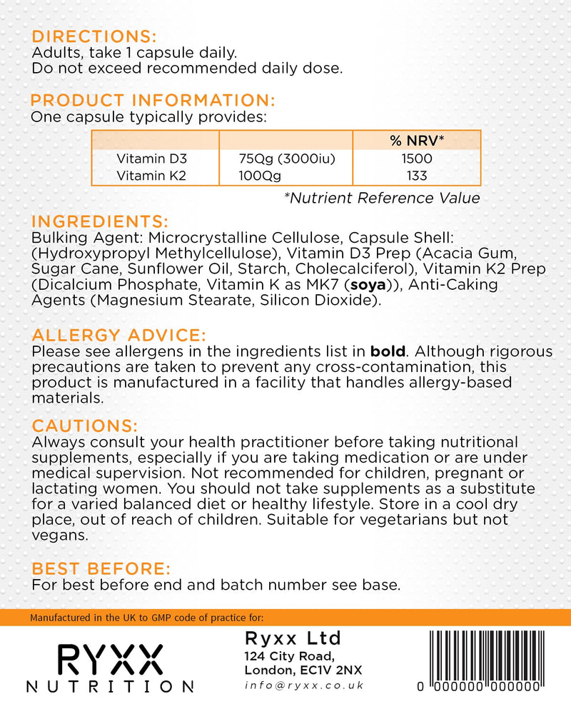 Vitamin D3 3000iu & K2 100µg (MK7) | High Strength Vitamin D3 + K2 Supplement | 90 Vegetarian Capsules | Made in the UK by RYXX