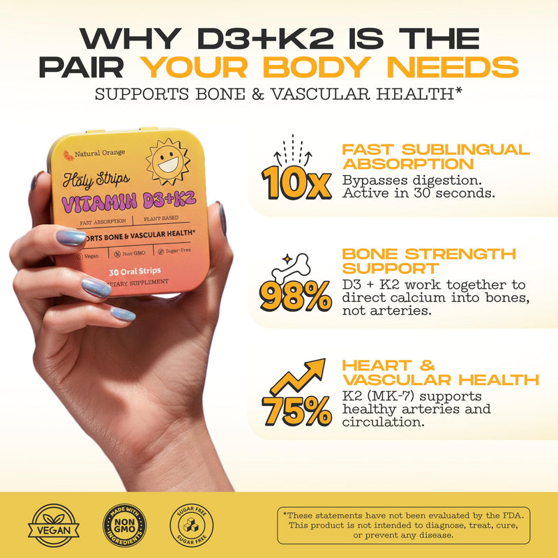 Vitamin D3 K2 Supplement 5000 IU - Fast-Absorbing Oral Strips for Bone & Heart Health - Vitamin D K2 Plant-Based Formula - D3K2 - High-Potency Vitamina D3 con K2- Non GMO - Sugar-Free (30 Count)