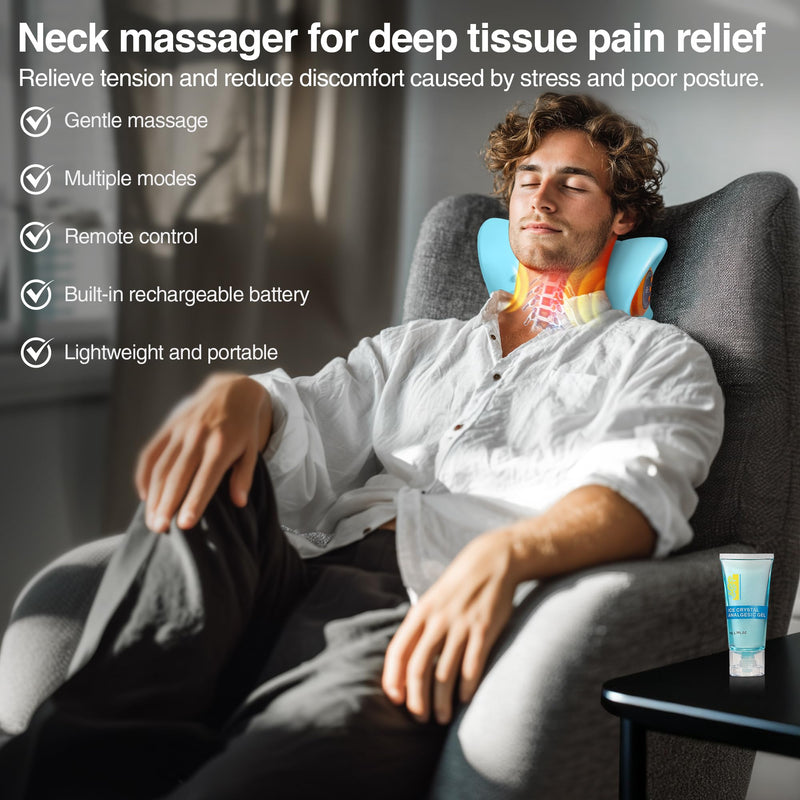 [Australia] - Hugterra Neck Massager 2025, Neck Stretcher Cervical Traction with Heat, 3 Modes, Portable Massage Neck Hump Corrector for Pain Relief and Muscle Relax, 26° Angle Cervical Traction Device Blue 