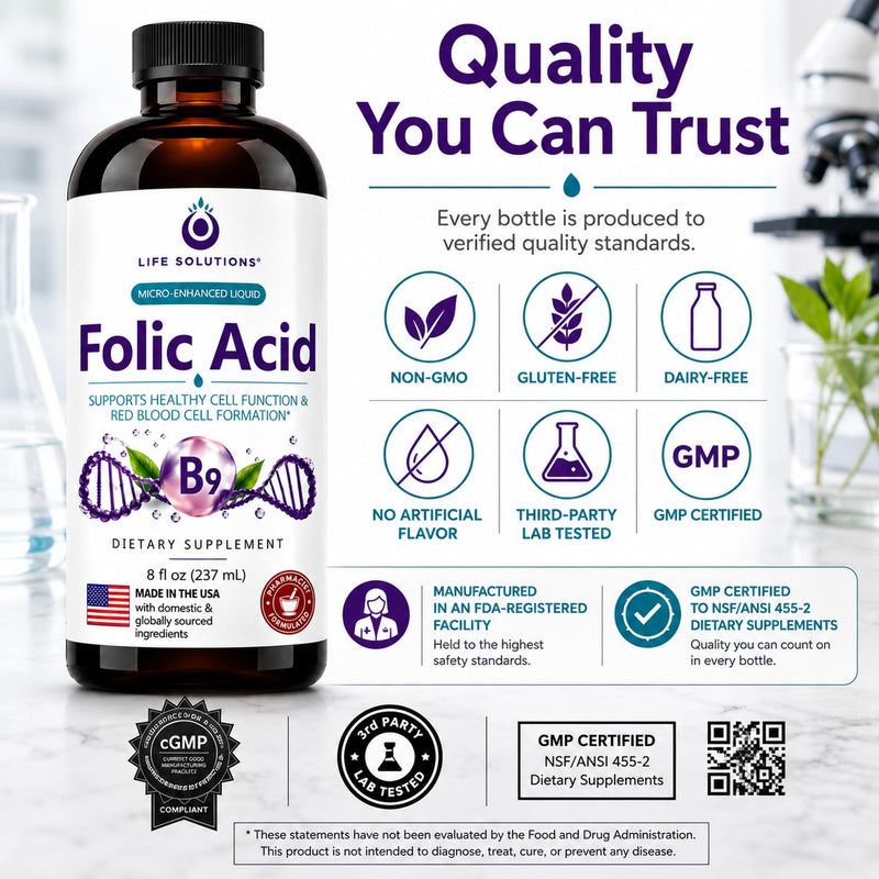 Life Solutions Liquid Vitamin B9 Folic Acid 800mcg Berry - 8oz | 800 mcg Liquid Vitamin B9 (Folic Acid) Berry Flavor – Fast absorption for prenatal, heart & brain support