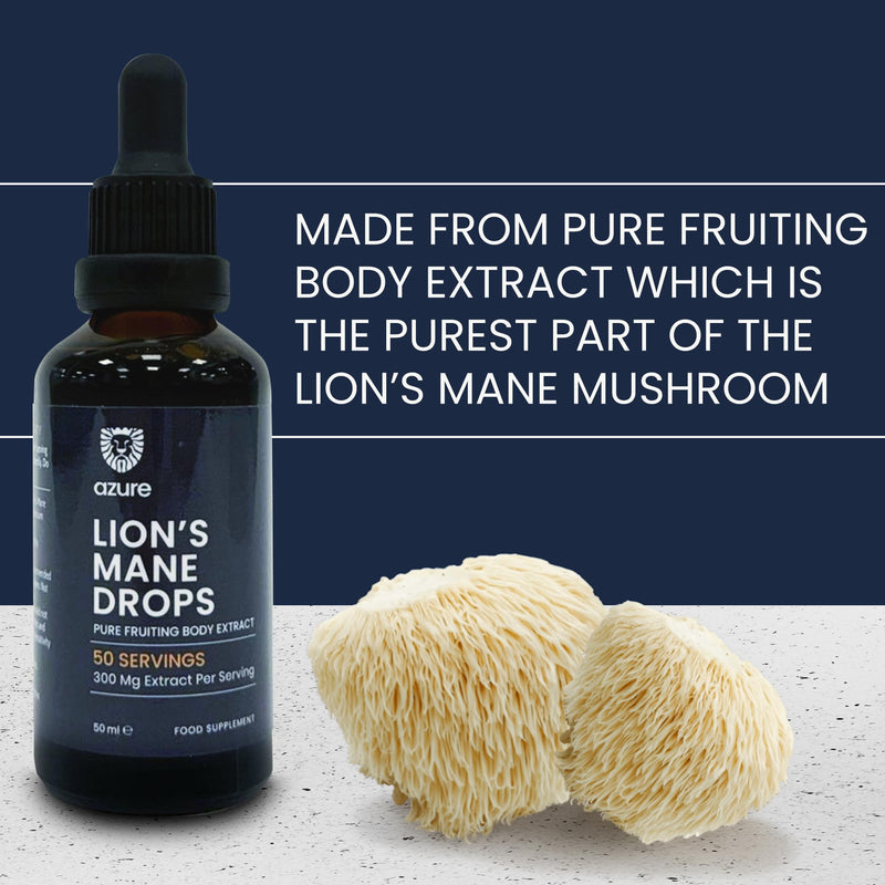 Azure Lion's Mane Drops 10:1 – High-Strength Fruiting Body Extract, Up to 600mg per Day – Alcohol-Free Liquid Supplement for Focus, Memory & Clarity – Vegan Natural Brain Support - 50 ml / 50 Servings