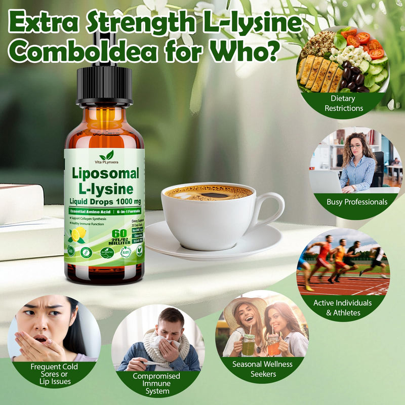 L-Lysine 1000mg Liquid Drops w. Monolaurin Olive Leaf Extract Vitamin C D3 & Zinc, 6-in-1 Essential Amino Acid Supplement for Immune Collagen Lip & Oral Health, Liposomal Lysine for Better Absorption Lemon 2 Fl Oz (Pack of 1)