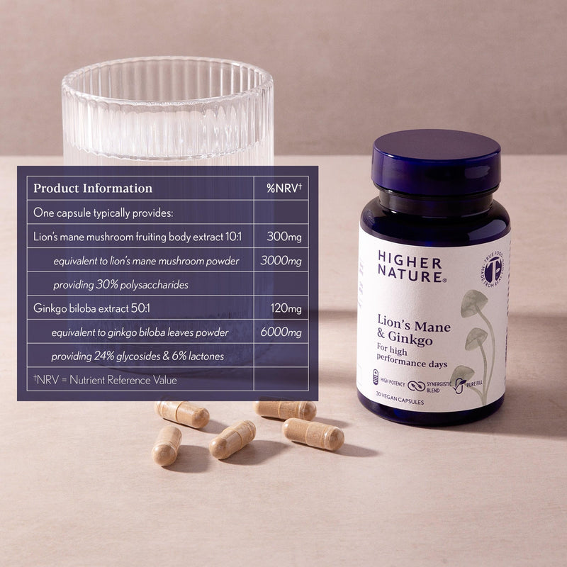 Higher Nature - Lion's Mane & Ginkgo - for High Performance Days - True Food® Formula - High Strength Ginkgo Biloba 6000mg & Lion's Mane Mushroom 3000mg - Vegan Formula - 30 Capsules