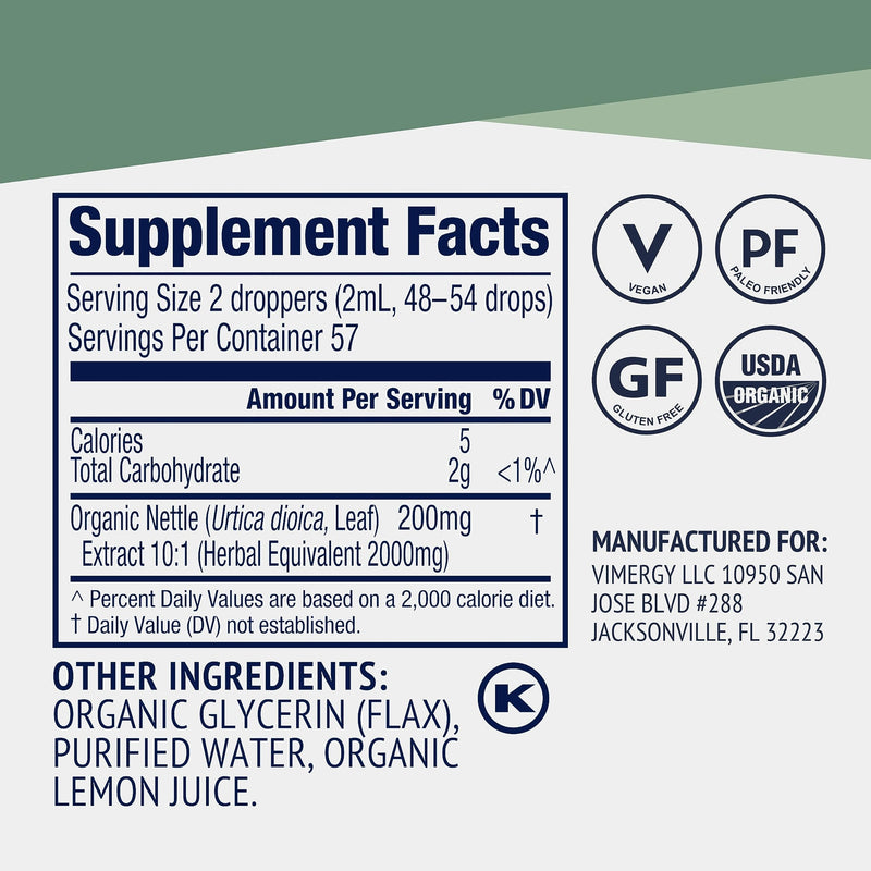 [Australia] - Vimergy Organic Nettle Leaf Extract, 57 Servings – Potent 10:1 Extract Liquid Drops – Supports Immune System Health – Supports Joint Health - USDA Organic, Gluten-Free, Non-GMO, Vegan & Paleo (115 ml) 