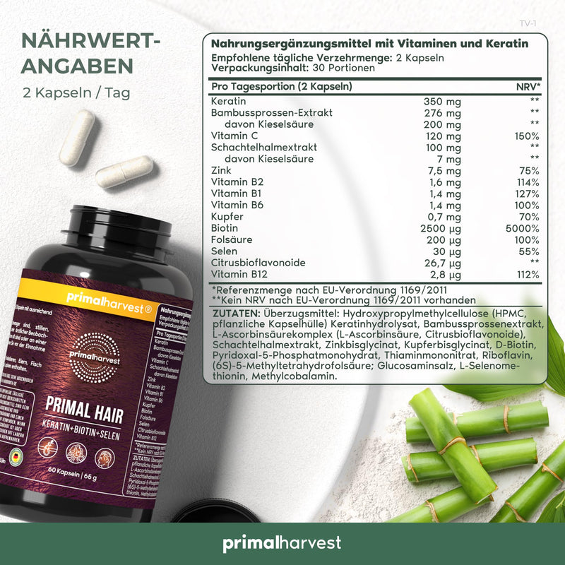 [Australia] - Primal Hair by Primal Harvest - Hair Nutritional Supplement with Selenium, Zinc, Keratin, Biotin, Selenium and Vitamin B Complex, for Men and Women, 60 Capsules 