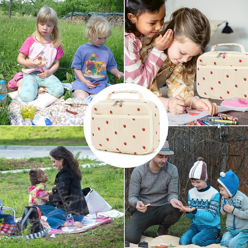 [Australia] - Bluboon Corduroy Insulated Lunch Bag for Girls - Strawberry Beige School Lunch Tote with Cooler Compartment Corduroy-strawberry 