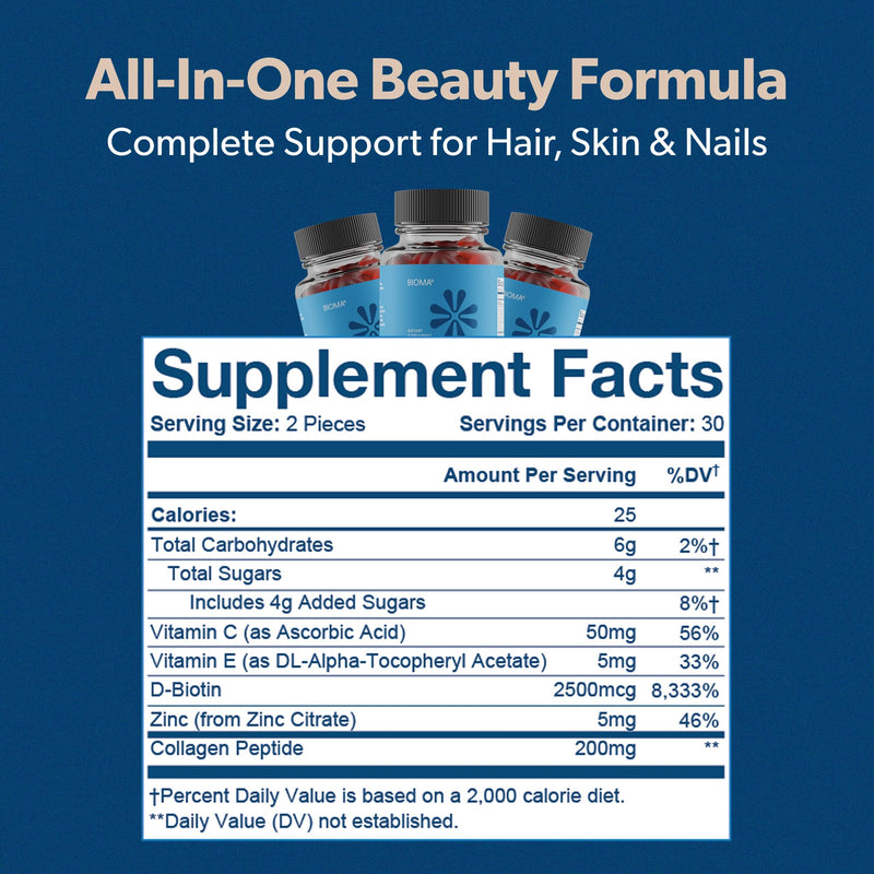 BIOMA Hair, Skin & Nails Beauty Gummies - Supports Growth & Strength with Biotin, Collagen, Zinc & Vitamins C & D - Gluten-Free - 60 Gummies (30-Day Supply) 60 Count (Pack of 1)