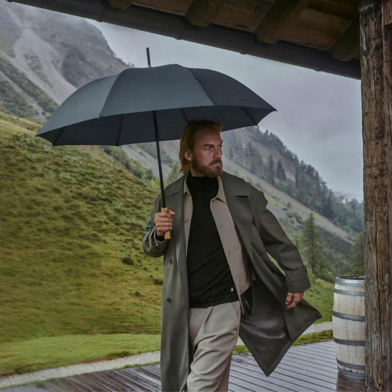Knirps TIMBER Large Umbrella For Men & Women, Windproof Rain and Sun Protection On The Go Classic Walking Stick Style with Non Slip German Beechwood Handle, Full Coverage Water Resistant Canopy Navy