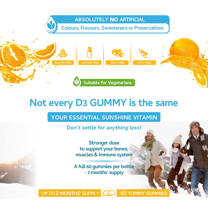 Vitamin D3 Gummies 4000IU, 100µg - 60 Natural Orange Flavour Chewable Yummy Gummies - 2 Month Supply - Made in the UK