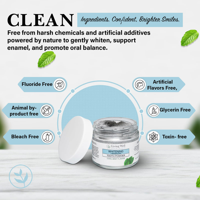 Living Well Dr. Michelle Remineralizing & Whitening Tooth Powder, Cool Mint | Fluoride-Free Hydroxyapatite Formula, Enamel Strength Support and Whitening Whitening - Cool Mint