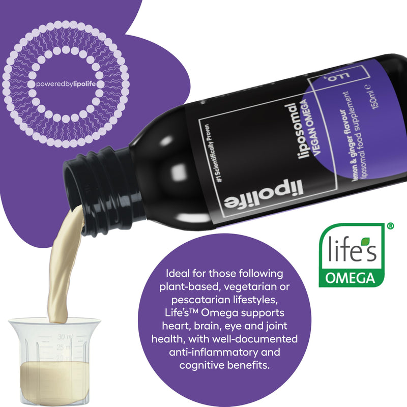 Liquid Vegan Omega 3 Liposomal Supplement. Lemon & Ginger Flavour. High DHA Ratio. Life's Omega for Brain, Heart and Immune Health. 30 Day Supply. lipolife 150 ml (Pack of 1)