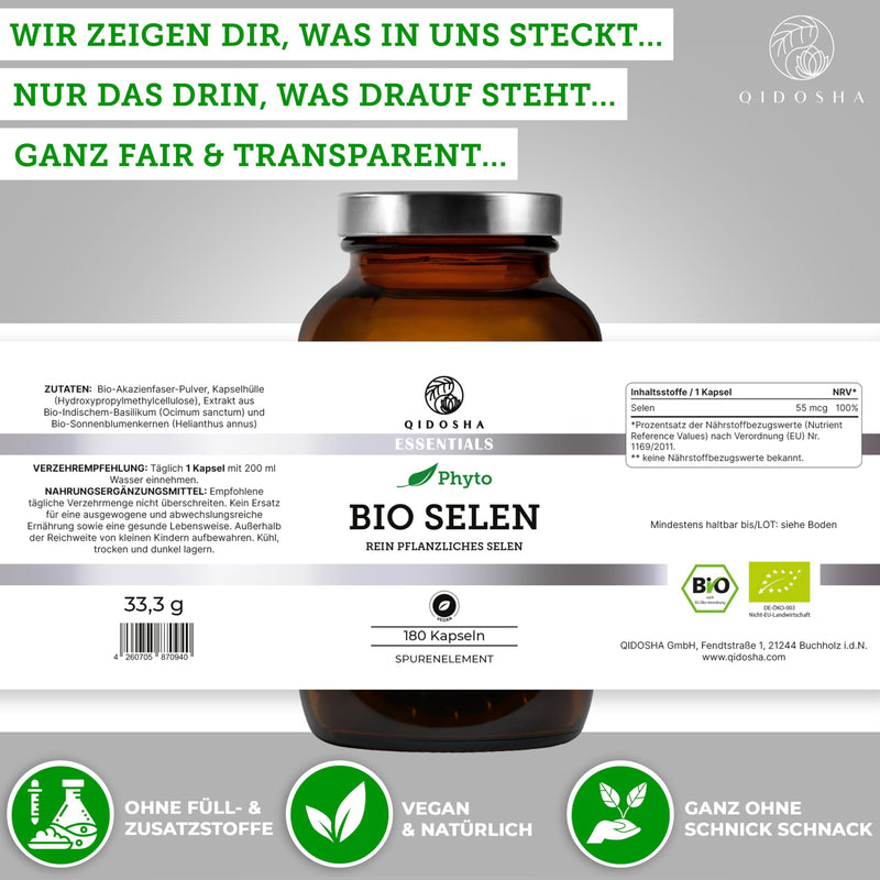 [Australia] - QIDOSHA® organic selenium high dose, 180 capsules, 55 mcg (100% NRV) vegetable selenium per capsule made from organic Indian basil and organic sunflower seeds, selenium methionine, supplemented with organic acacia fiber 