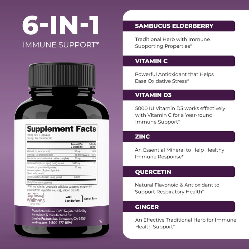 [Australia] - Sandhu's Elderberry Vitamin C and Zinc with Vitamin D3 & Quercetin | Supplement Capsules for Men & Women | Supports Immune Health | 120 Count (Pack of 1) 120 Count (Pack of 1) 