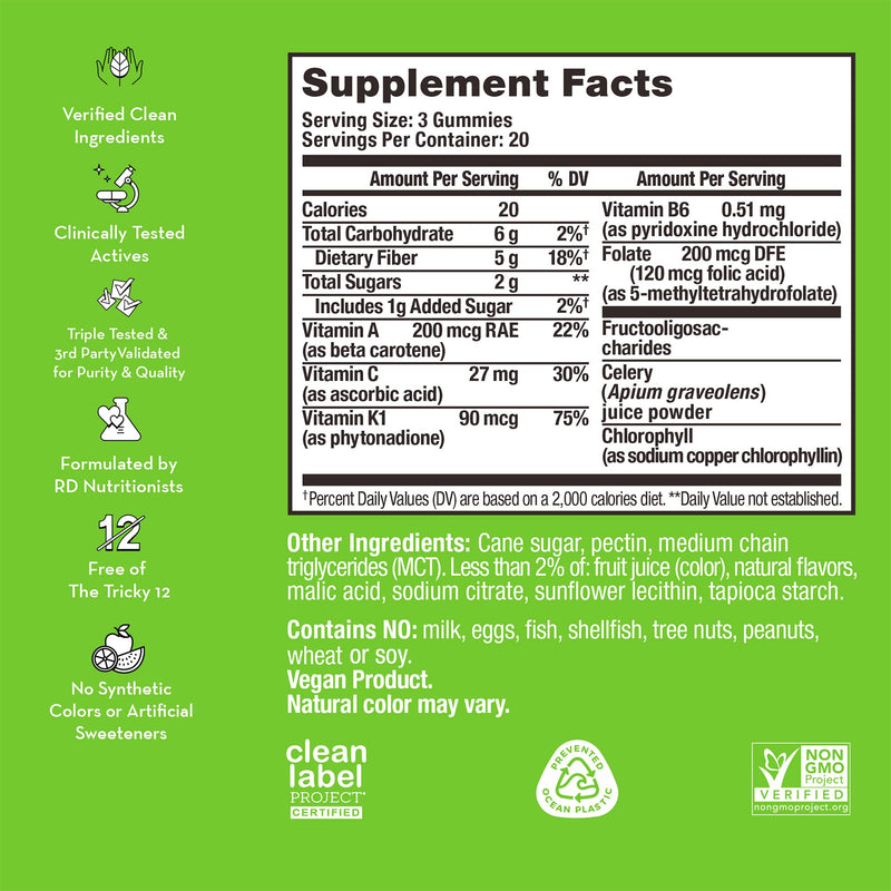 [Australia] - HUM Celery Juice Fiber Gummies The First Prebiotic Celery Juice Gummy, Supports Detoxification and A Daily Green Boost with Celery Juice, Chlorophyll, and Prebiotic Fiber(60 Count) 