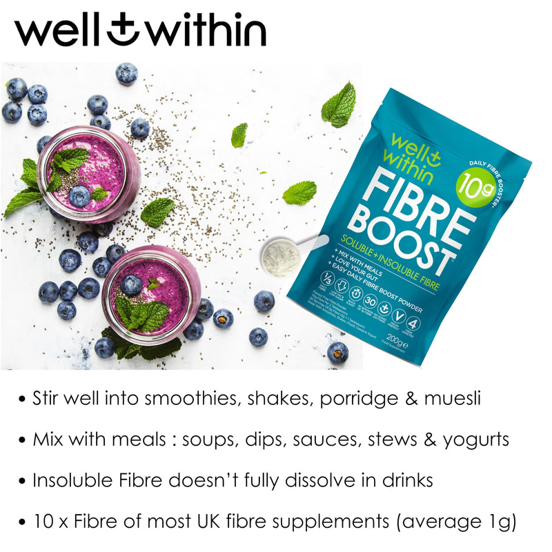 10g Fibre Supplement Powder, 1/3 NHS Daily Intake, 4in1 Insoluble & Soluble Fibre Powder, 4 Types of Fiber (200g Bag, 2 Servings = 10g Fiber) Well Within. for Men, Women & Kids Soluble + Insoluble Fibre