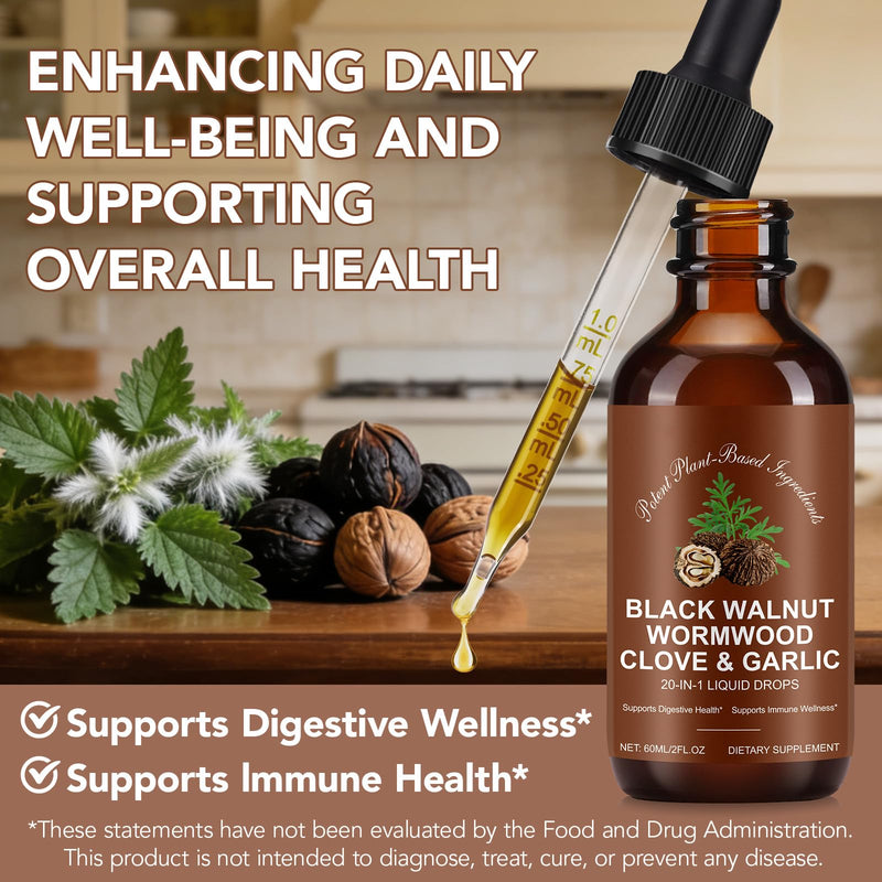 Wormwood Black Walnut Clove Drops, 20-in-1 Premium Herbal Blend Supplement Supports Rapid Gut Cleanse & Digestive Health, Daily Energy and Well-Being Black Walnut-60.00ml.