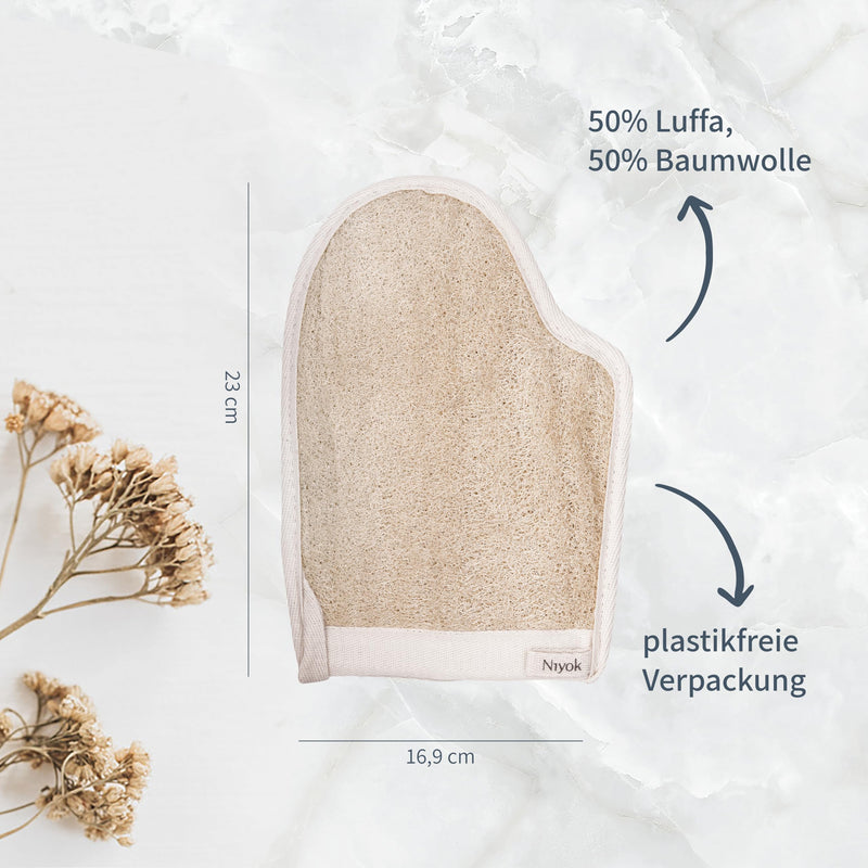 [Australia] - Niyok® massage glove made of loofah & cotton • Gentle cleansing & massage for body & face • Natural peeling glove • Body scrub glove • Shower glove for body peeling 