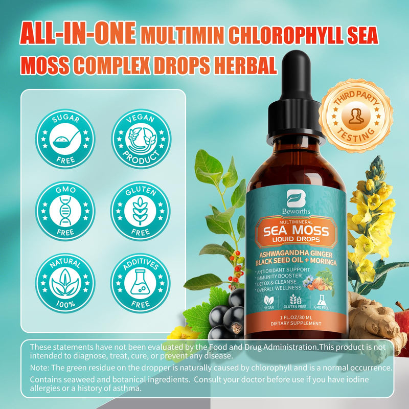 [Australia] - 2PACK Sea Moss Drops - Irish Sea Moss Chlorophyll Liquid with Black Seed Oil, Ashwagandha, Moringa, Turmeric, Elderberry, Mullein, Seamoss Gel Supplement for Lung Cleaner, Detox & Gut, Immune Support 1 Fl Oz (Pack of 2) 