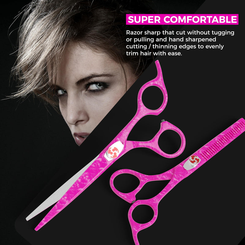 Suvorna Hair Scissors Professional with Thinning Shears for Hair Cutting | 6" Japanese Steel hair cutting scissors | Sharp Barber Scissors for Cutting and Layering | Hair Shears for Women and Men Pink