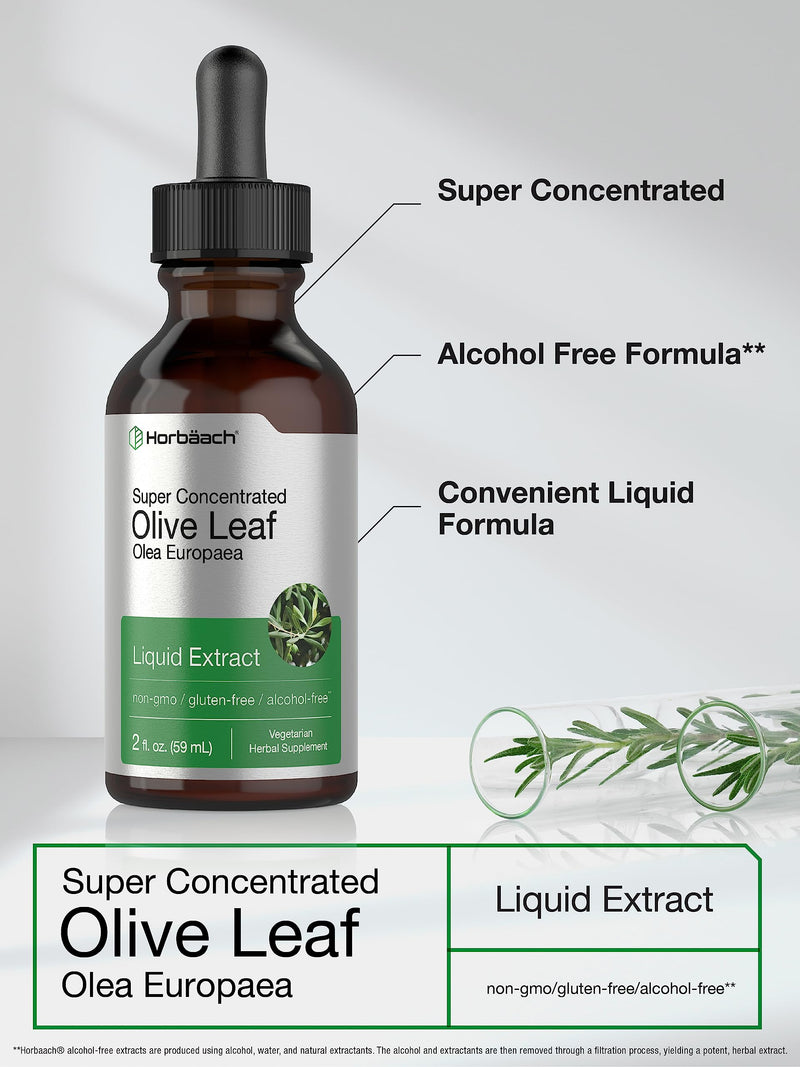 Horbäach Olive Leaf Extract Liquid | 2 fl oz | Super Strength | Alcohol Free, Vegetarian, Non-GMO, Gluten Free