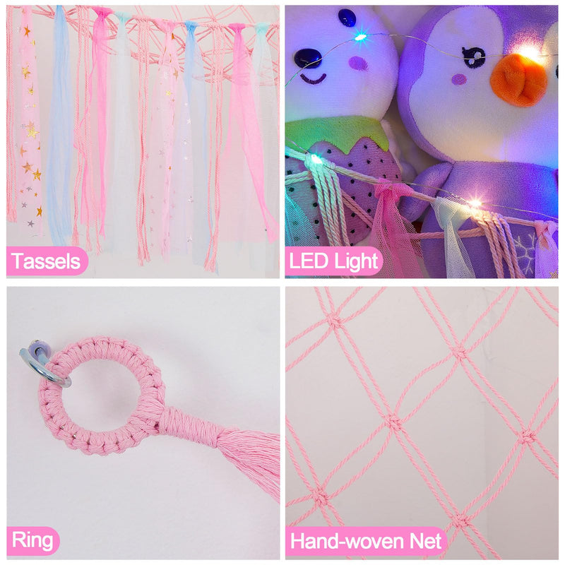 [Australia] - FIOBEE Stuffed Animals Net or Hammock with LED Light, Toy Hammock Hanging Stuffed Animals Storage Organizer Holder Room Décor for Nursery Kids Bedroom Pink 