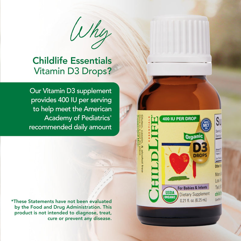 CHILDLIFE ESSENTIALS Organic Vitamin D3 Drops Infants, 0.21 Fl Oz (2 Pack) | Newborns, Baby Vitamin D Drops, 400 IU per Serving, Immune Teeth & Bone Health Support, USDA Organic, Flavorless, Infants 0.21 Fl Oz (Pack of 2)