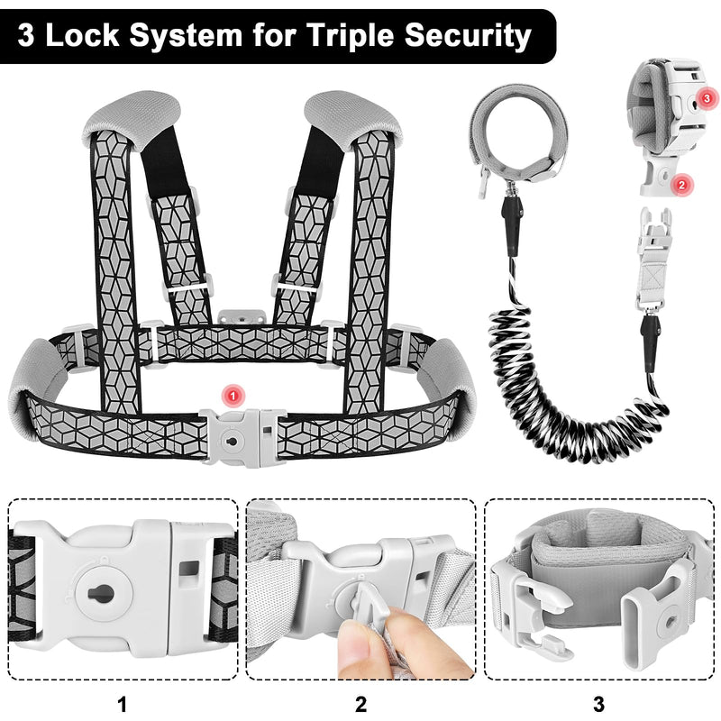 [Australia] - Accmor Toddler Harness Leash, Reflective Kid Harness with Anti Lost Wrist Link, Child Walking Harness Kids Leash Wristband Belt with Lock for Baby Boys Girls to Outdoor Travel Black/Reflect light 