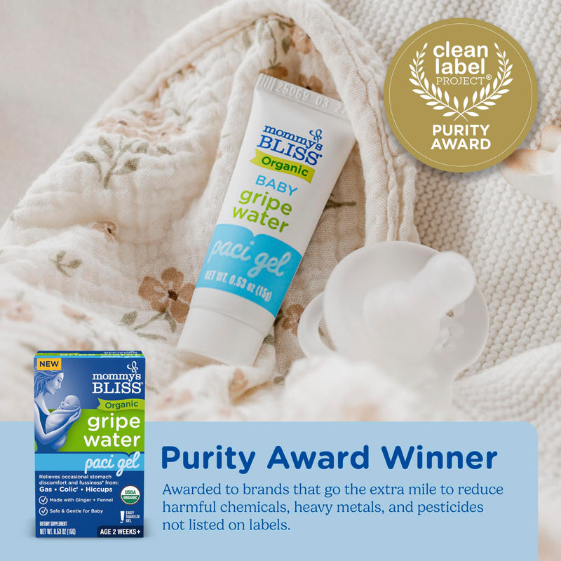 [Australia] - Mommy's Bliss Organic Gripe Water Pacifier Gel for Newborns, Relieves Occasional Stomach Discomfort from Gas, Colic & Fussiness*, Age 2 Weeks +, 0.53 Oz (45 Servings) Organic Gripe Water Gel 