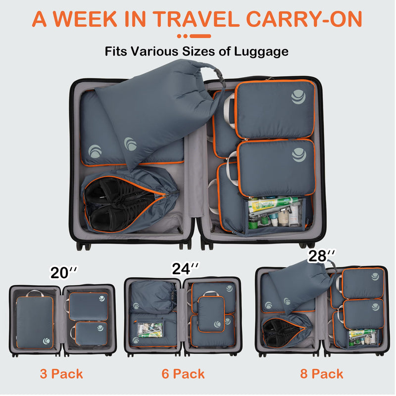 Cipway Compression Packing Cubes for Travel (8 Piece,Grey) | Ultralight Luggage Organizer Bags with Shoe Bags Laundry Bags Clear Toiletries Bag, Travel Essentials for Carry on Suitcase Grey 8PCS