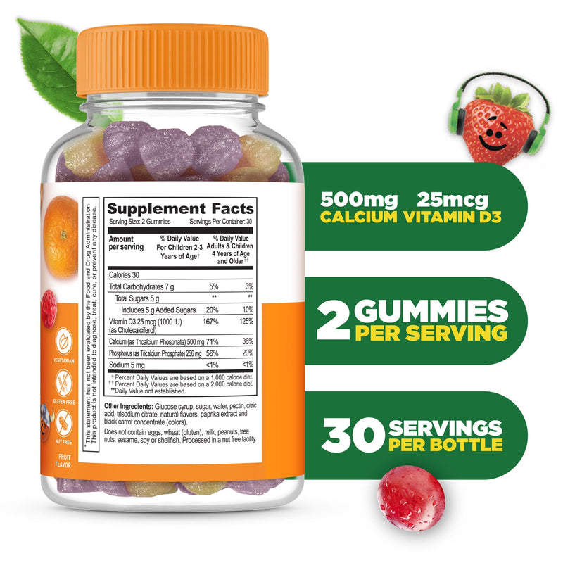 Lifeable Kids Calcium Gummies with Vitamin D3 | 500 mg Calcium with Vitamin D3 1000 IU | Great Tasting Calcium Supplement for Kids | for Bone Health and Teeth Growth | 60 Gummies 60 Count (Pack of 1)