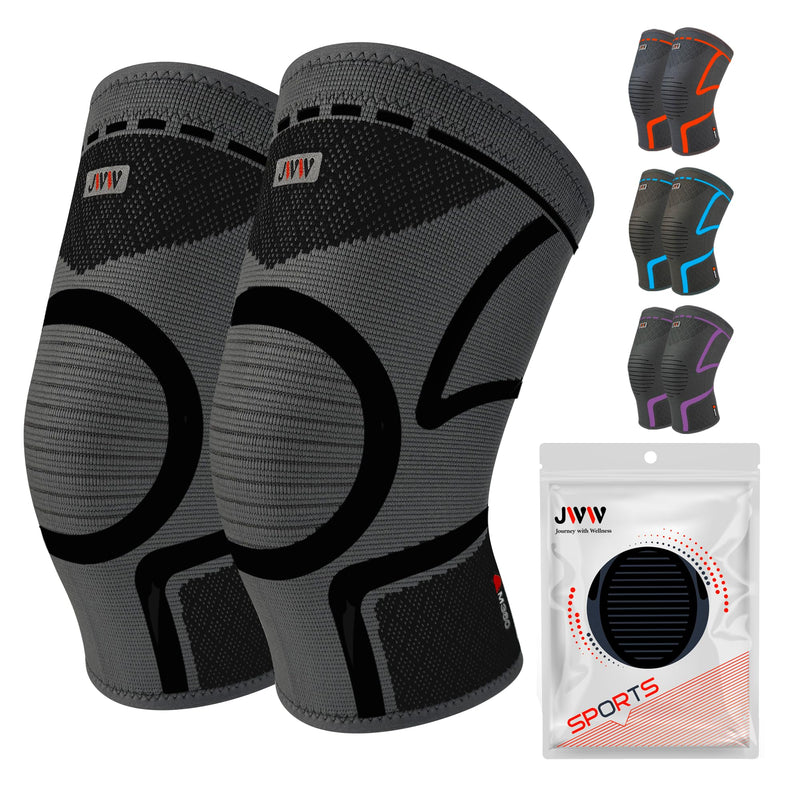 Knee Compression Sleeve, 2 Pack Knee Brace for Women Men Knee Pain Relief, Running Knee Support, Knee Braces for Meniscus Tear ACL Arthritis Recovery, Rodilleras para Gym Fitness (Black, Large) Gray/Black
