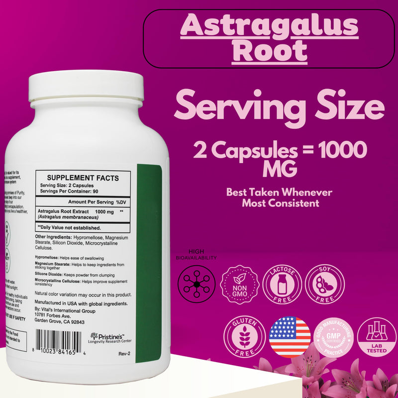 [Australia] - PRISTINE'S Astragalus Root Immune Support Supplement Capsules -1000mg 90 Day Supply Herbal Adaptogen - Healthy Aging, Heart & Lung Health 