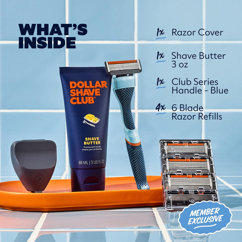 [Australia] - Dollar Shave Club | The Member Exclusive Shave Set | 4 Extra Close Refill Cartridges, 1 Handle (Blue), 1 Shave Butter 3 ounce, 1 Razor Cover, Razors for Men 1 Count (Pack of 1) Blue 