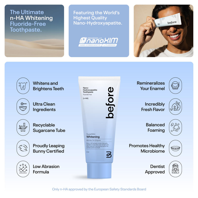 [Australia] - Before | Fluoride Free n-HA Whitening Toothpaste | Natural, Nano Hydroxyapatite Helps Strengthen Teeth & Remineralize Enamel for Oral Health, Lasting Mint Flavor, Made in The USA — 4.4oz 4.4 Fl Oz (Pack of 1) 
