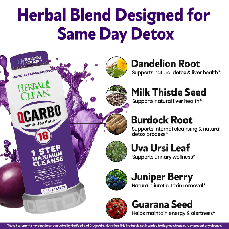 Herbal Clean Qcarbo16 Same-Day Detox Cleanse Drink (16 fl oz) - Grape Flavor Full Body Cleanse* Detox Drink for Moderate Toxin Level*, Vitamin B2 and Vitamin B12 for Men & Women 16 Fl Oz (Pack of 1)