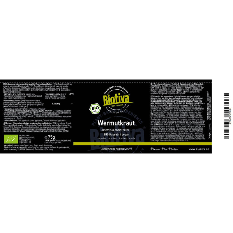 [Australia] - Biotiva wormwood capsules organic 150 pieces - 400 mg - wormwood - guaranteed without additives - filled and controlled in Germany (DE-ÖKO-005) 150 pieces (pack of 1) 