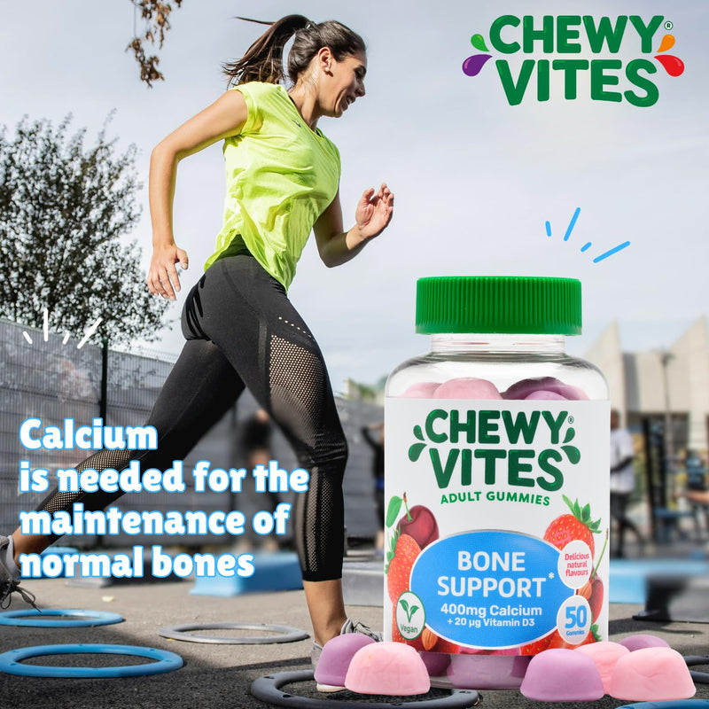 Chewy Vites Adult Bone Support 50 Vitamin Gummies, 400mg Calcium Gummies with 20 mcg Vitamin D3, for Bones, Teeth & Muscle Function, 2-a-Day, Vegan, Mix of Wild Cherry and Strawberry Flavour