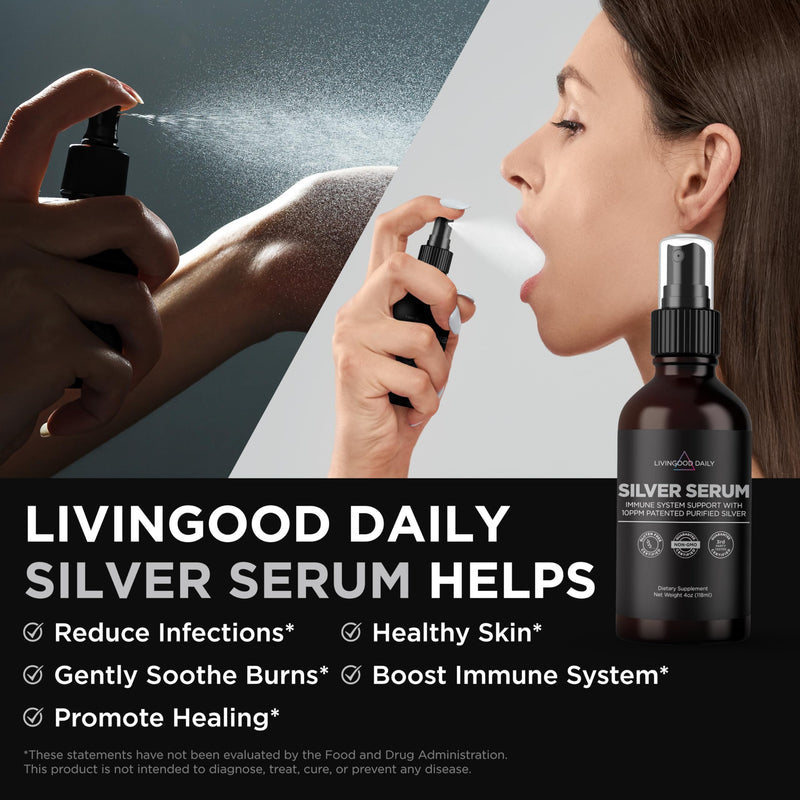 [Australia] - Livingood Daily Colloidal Silver Liquid Spray, Silver Serum (4 Fl Oz) - 10 PPM Colloidal Silver Spray for Eyes, Mouth, Ears, Nose & Skin - Immune Support Supplement for Urinary Health - Non-GMO, Vegan 