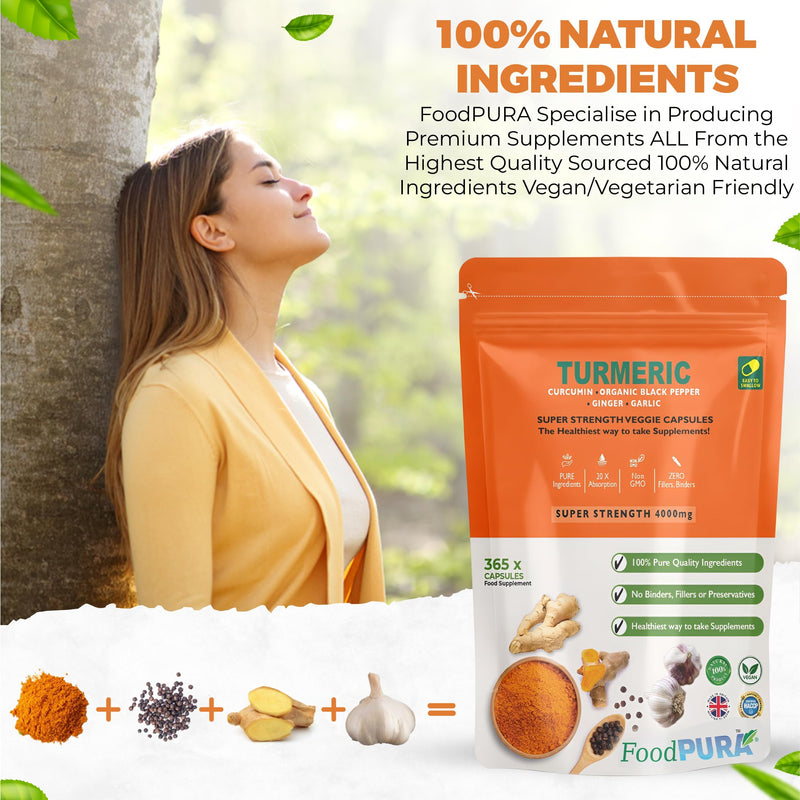 365 x 4000mg Turmeric (Curcumin), Ginger, Garlic & Organic Black Pepper Capsules HACCP Certified, Manufactured in The UK by FoodPURA (365) 365