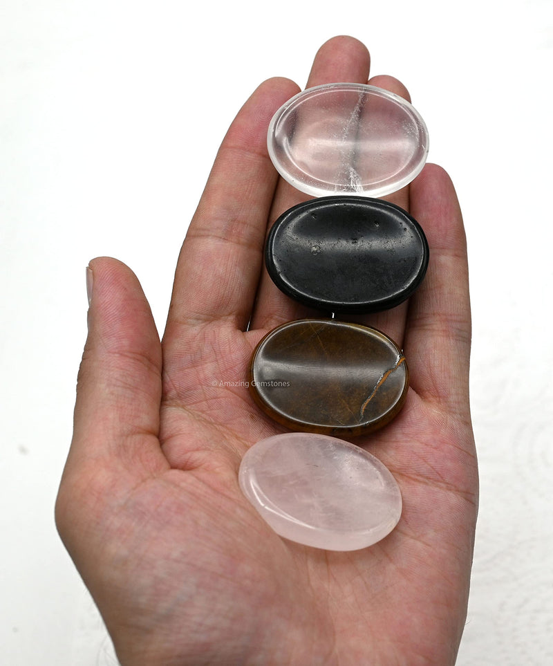 Amazing Gemstone Set of 4 Thumb Worry Rubbing Stone for Anxiety Healing ~ Amethyst, Rose Quartz, Tigers Eye, Black Tourmaline Oval Cabochon Stone ~ Easy to Carry Natural Crystal Pocket Palm Stone