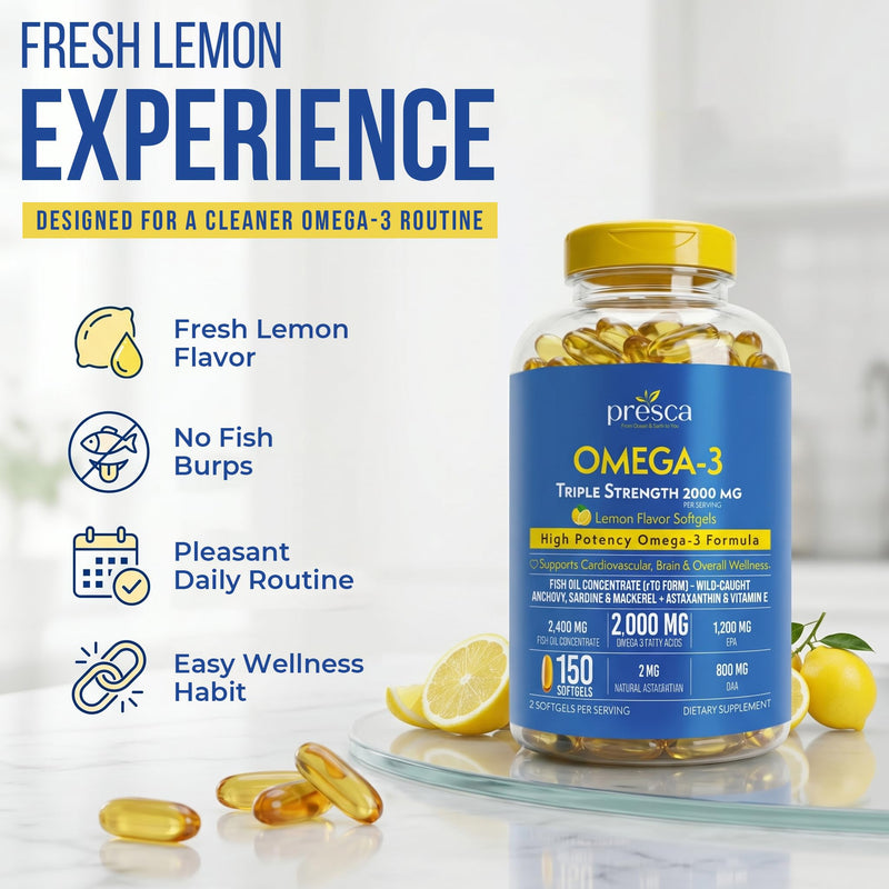 Triple Strength Omega 3 Fish Oil 2400mg w/Astaxanthin 150 Softgels | rTG form 1200mg EPA + 800mg DHA | Vitamin E — Lemon flavor Wild‑caught, Burpless | Supports heart brain & joints | 75 serving