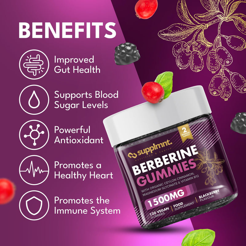 Supplmnt. Berberine Gummies - 2 Months Supply, 1500mg Berberine with 1000mg Ceylon Cinnamon, 2.4mg Vitamin B12 & 400mg Magnesium Glycinate - Powerful Metabolism & Immune Support Supplement BlackBerry