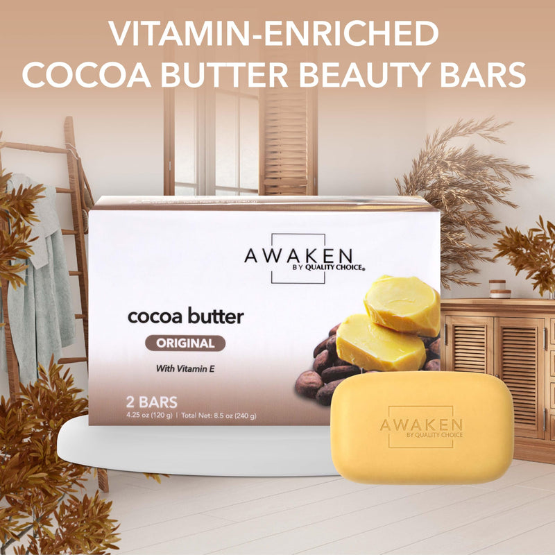 Awaken Cocoa Butter Bar Soap with Vitamin E, Moisturizing Body and Face Cleanser, Gentle Daily Bath Soap with Rich Creamy Lather, Nourishing Skincare Bars 2.13 Ounce (Pack of 2)