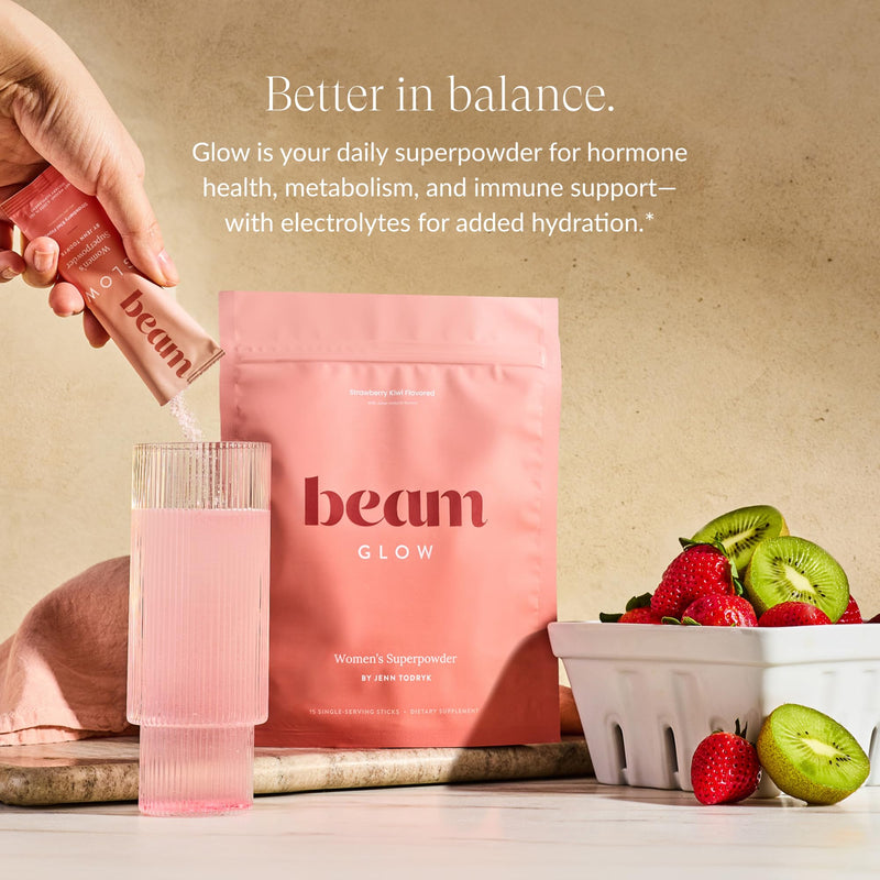 [Australia] - Beam Glow, Hormone Balance for Women, Thyroid Support for Women, Natural Hormone Support Powder with Selenium and Bromelain, PMS Relief, Energy, Hair Skin & Nails, Vegan, No Sugar, 15 Servings Strawberry Kiwi 3.2 Ounce (Pack of 1) 