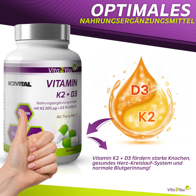 [Australia] - Vita2You Vitamin D3 + K2-180 capsules - Vitamin D3 10,000 IU + Vitamin K2 (MK-7) 200µg - Original K2VITAL® from Kappa - Premium quality 