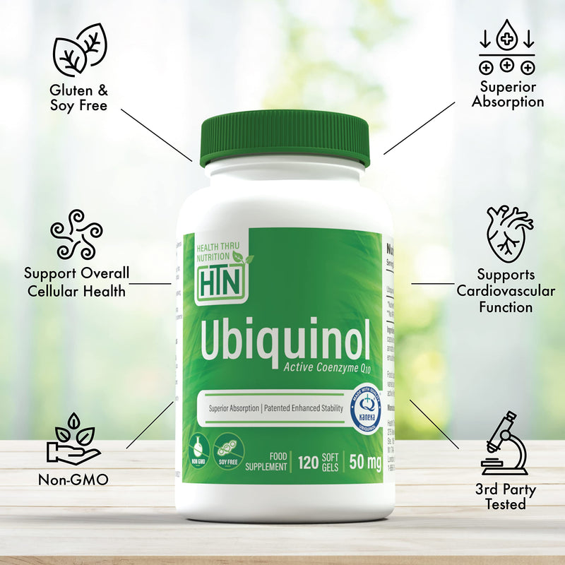 Ubiquinol 50mg as Kaneka QH Reduced CoQ-10 | Stabilized - 3rd Party Tested | Enhanced Bioavailability | Cardiovascular & Mitochondria Function Support | Non-GMO by Health Thru Nutrition (Pack of 120)
