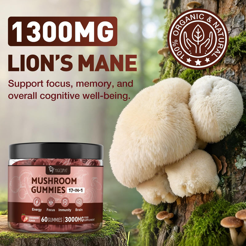 17-in-1 Mushroom Gummies High Strength 3000mg, Mushroom Complex Supplement with Lion’s Mane, Shiitake, Maitake, Reish, Black Pepper for Immune, Brain, Focus & Energy - 60 Vegan Gummies (Strawberry)