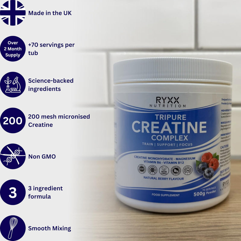 RYXX Tripure Creatine Complex 500g | 5g Creatine Monohydrate Powder with Magnesium, Vitamin B6 & B12 | Daily Performance, Muscle & Energy Support | Flavoured Creatine Powder