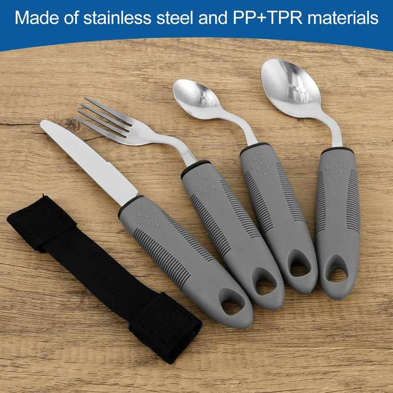 4-Piece Adaptive Utensils Set 42° Angled Disabled Cutlery for Adults, Parkinsons Eating Aid Stainless Steel Knife Fork Spoon with Easy Grip Handle for Hand Tremors Arthritis Elderly(Right-Hand) Right-hand