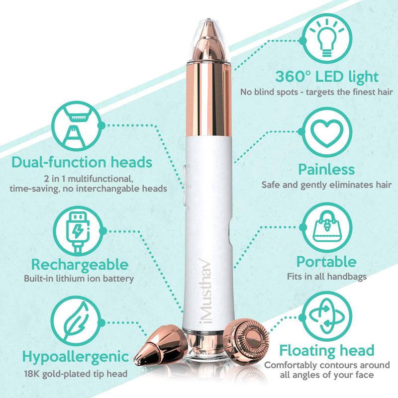 2 in 1 Eyebrow and Facial Hair Remover for Women Painless Flawless Electric Razor Epilator Trimmer Shaver with 18K Gold-Plated, USB Rechargeable, 360° LED for Eyebrow and Face Hair Removal Combo 2 in 1 Crystal White
